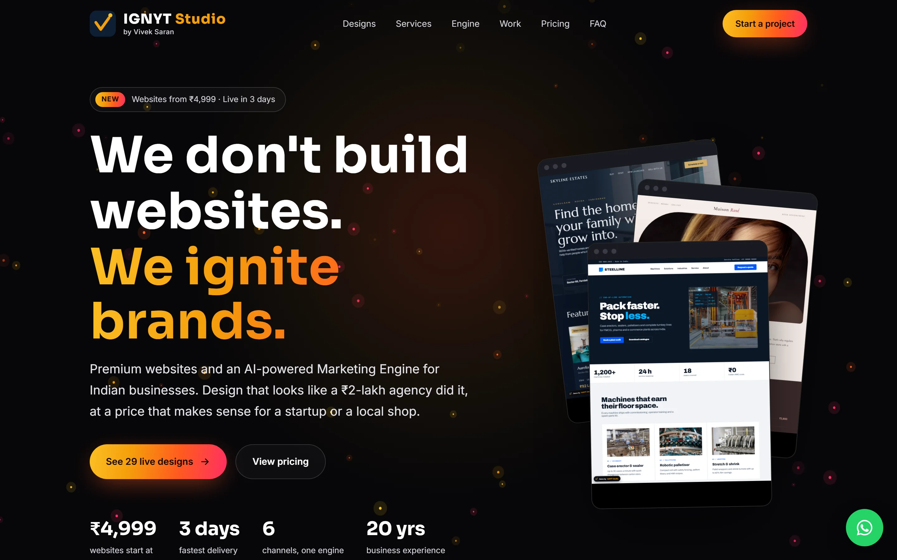 IGNYT Studio home page showing website design options