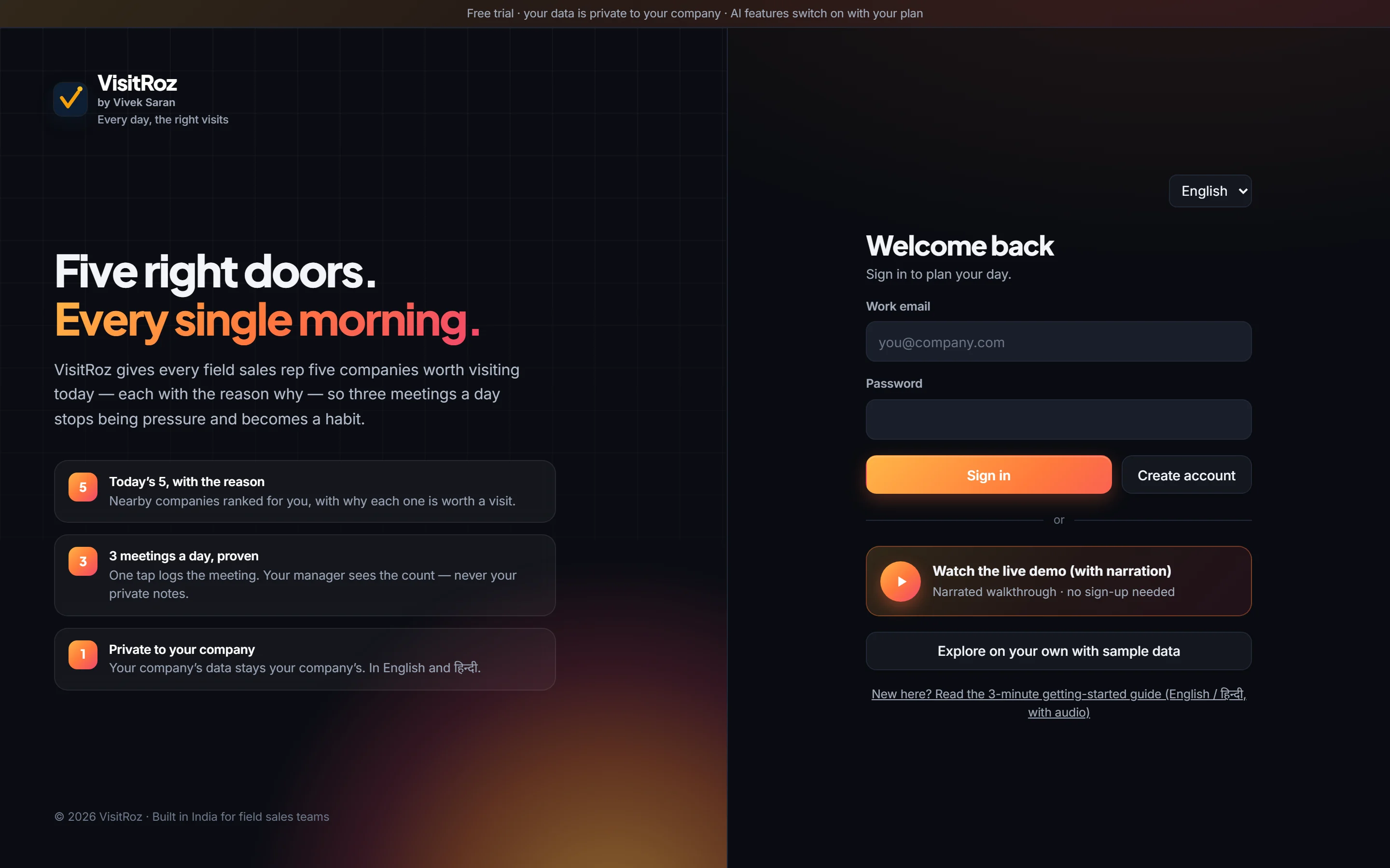 VisitRoz field-sales visit planner home page
