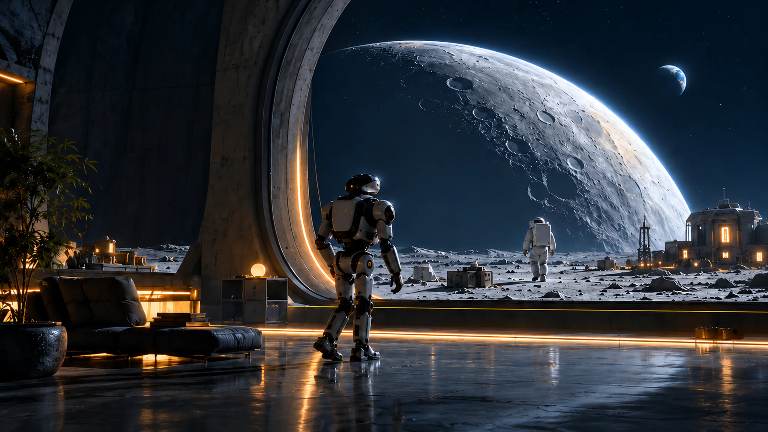Illustration: a lunar observatory with an arched window, a walking robot and an astronaut outside