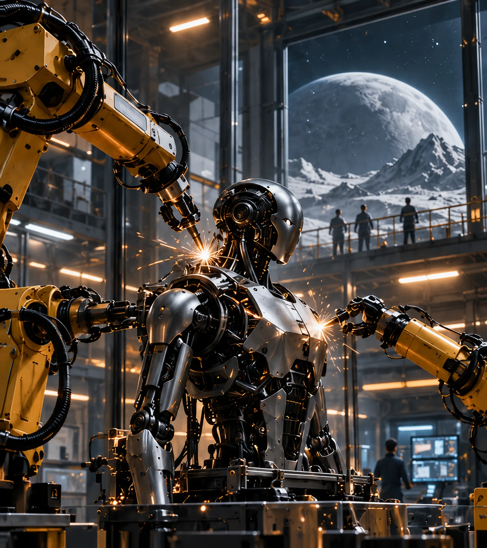 Illustration: yellow industrial robot arms welding a silver humanoid robot, with the Moon through the back window