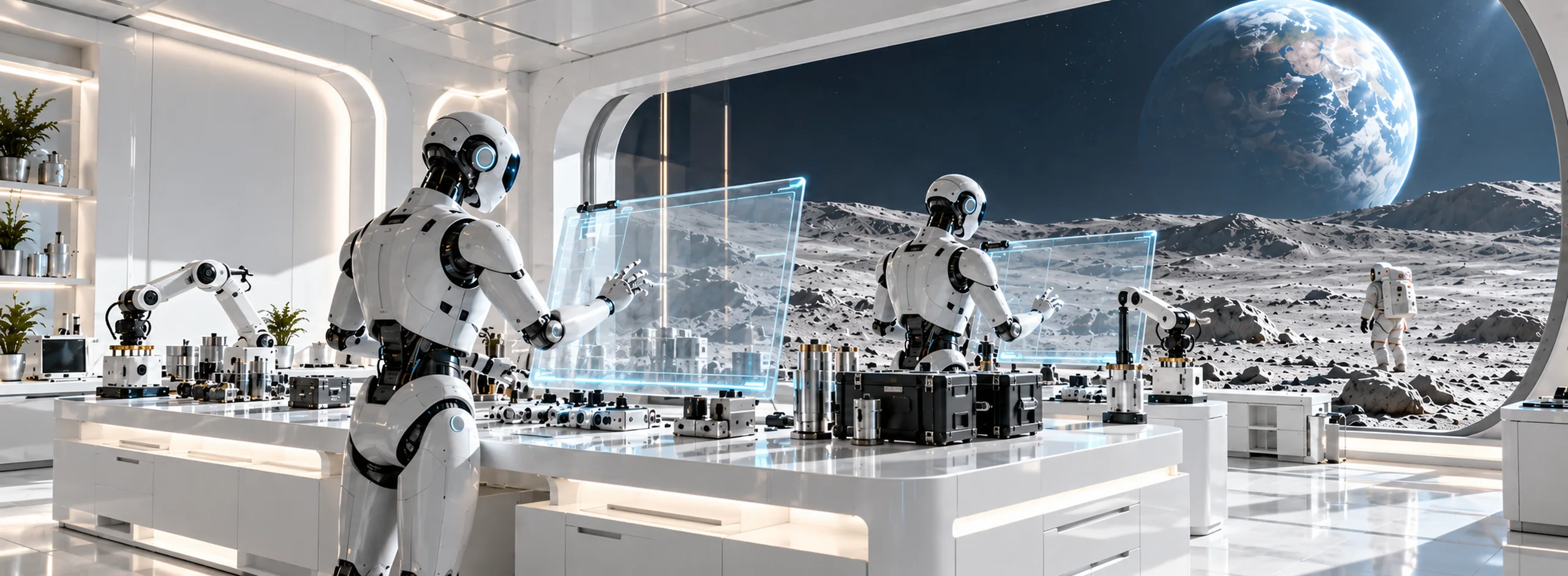 Illustration: two humanoid robots working at clear glass screens in a bright lunar lab