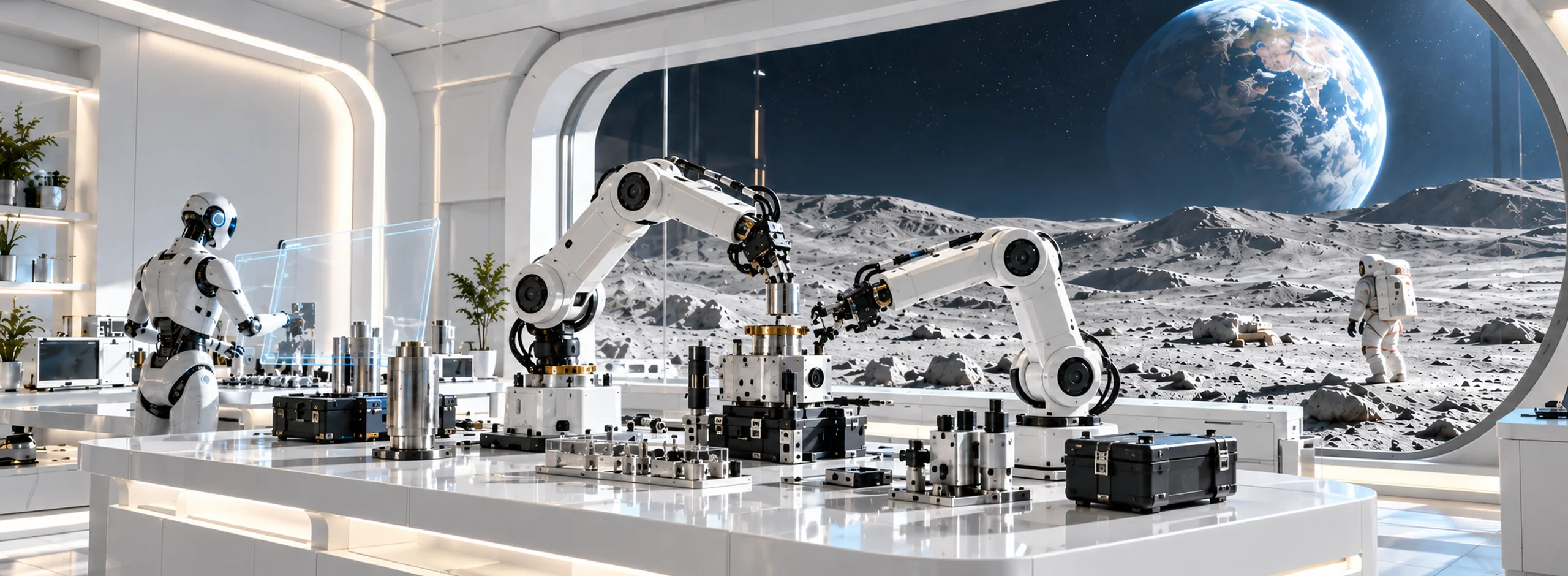 Illustration: precision robot arms assembling parts in a bright lunar lab