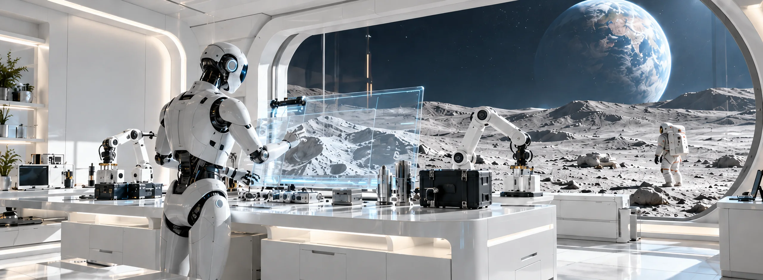 Illustration: a bright lunar laboratory where a white humanoid robot works at a glass panel beside precision robot arms, with the Earth and an astronaut outside