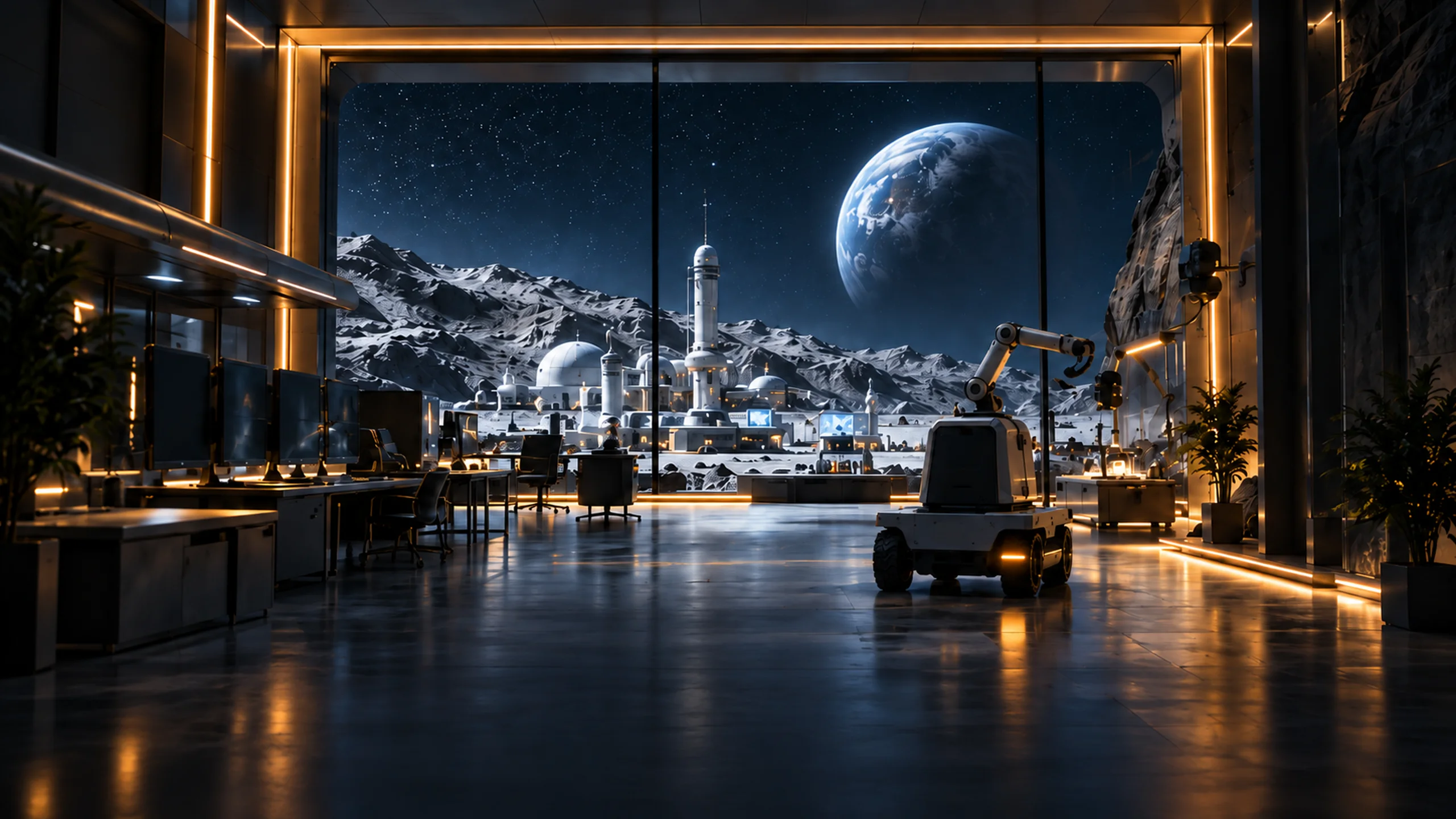 Illustration: a dark lab seen through an amber-lit portal, a service robot and a moon base outside