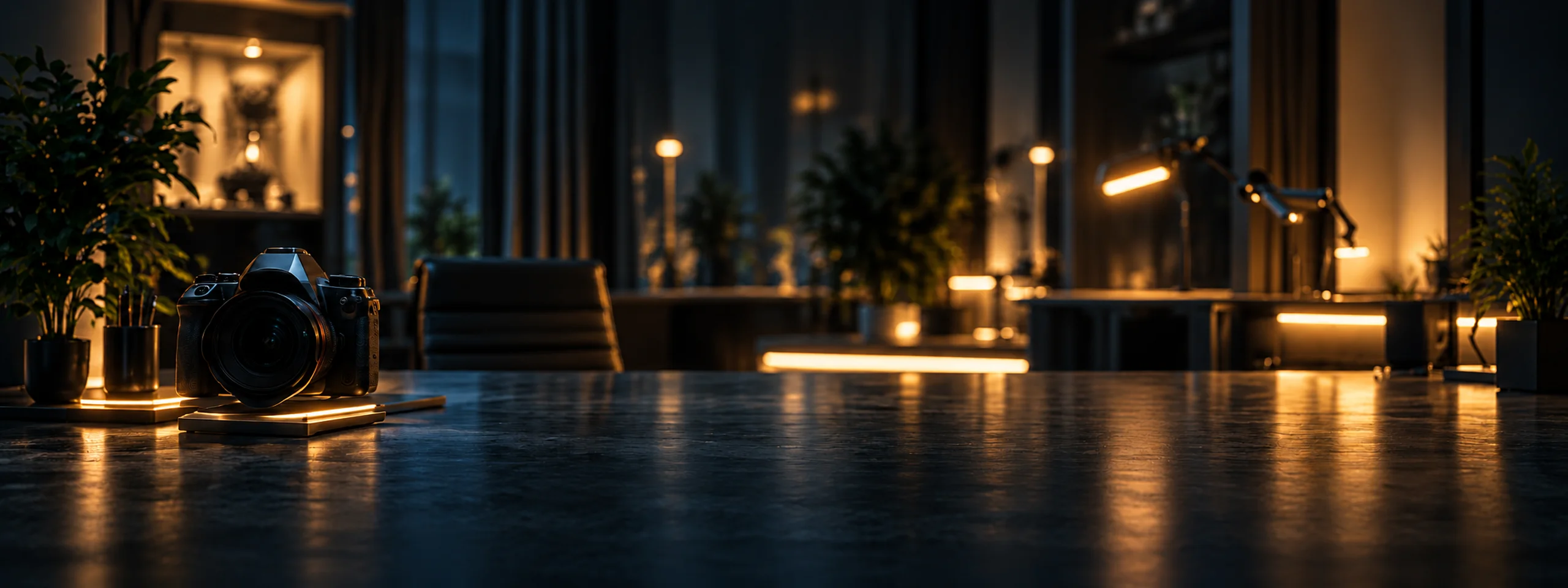 Illustration: a dark studio desk with a camera