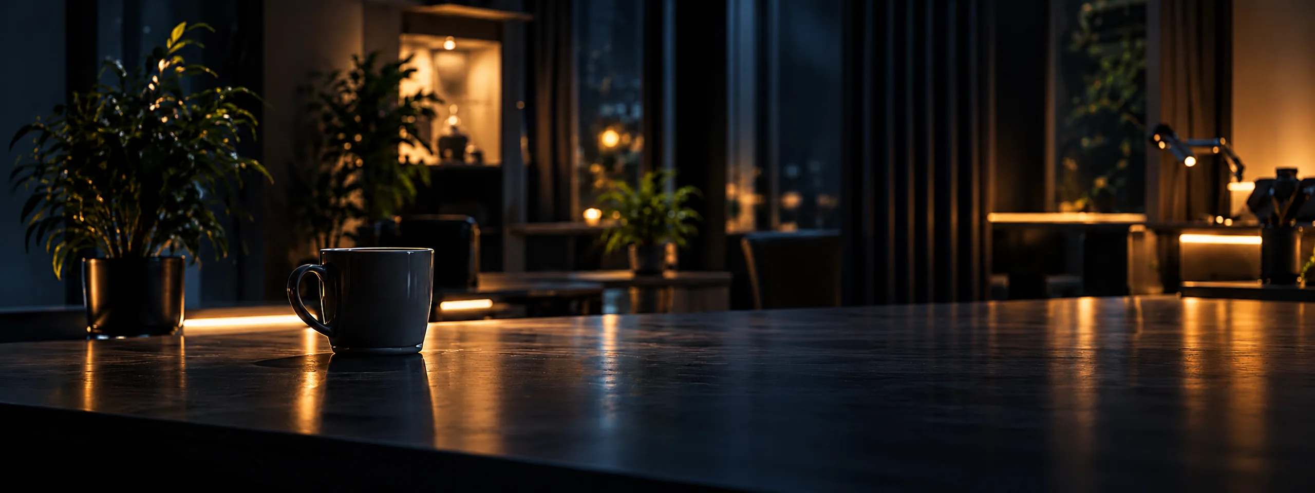 Illustration: a dark studio desk with a mug